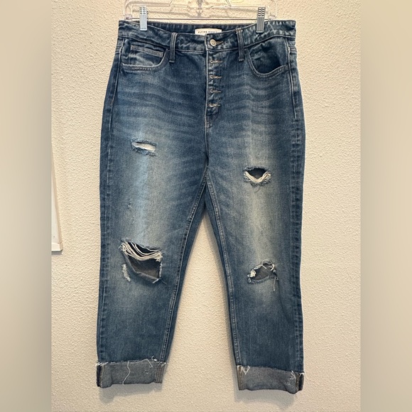 Flying Monkey Boyfriend Distressed Denim Blue Jeans Size 29 Cuffed Hem Cropped - Picture 1 of 10